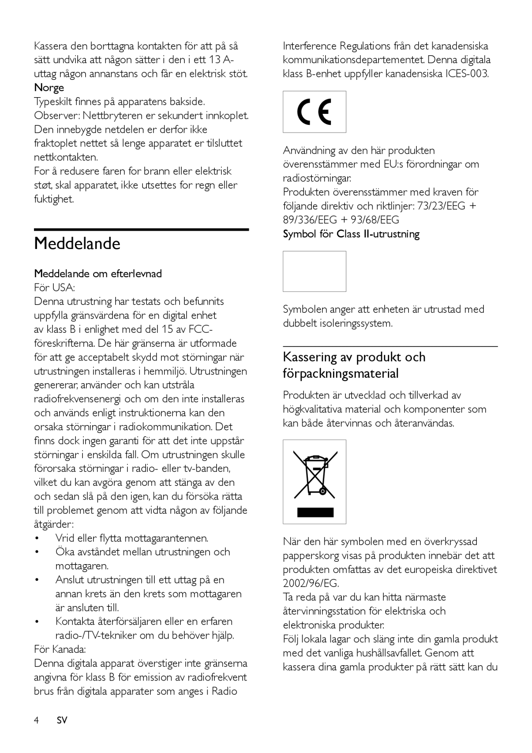 Philips WAS6050/05 manual Kassering av produkt och förpackningsmaterial, Meddelande om efterlevnad För USA 