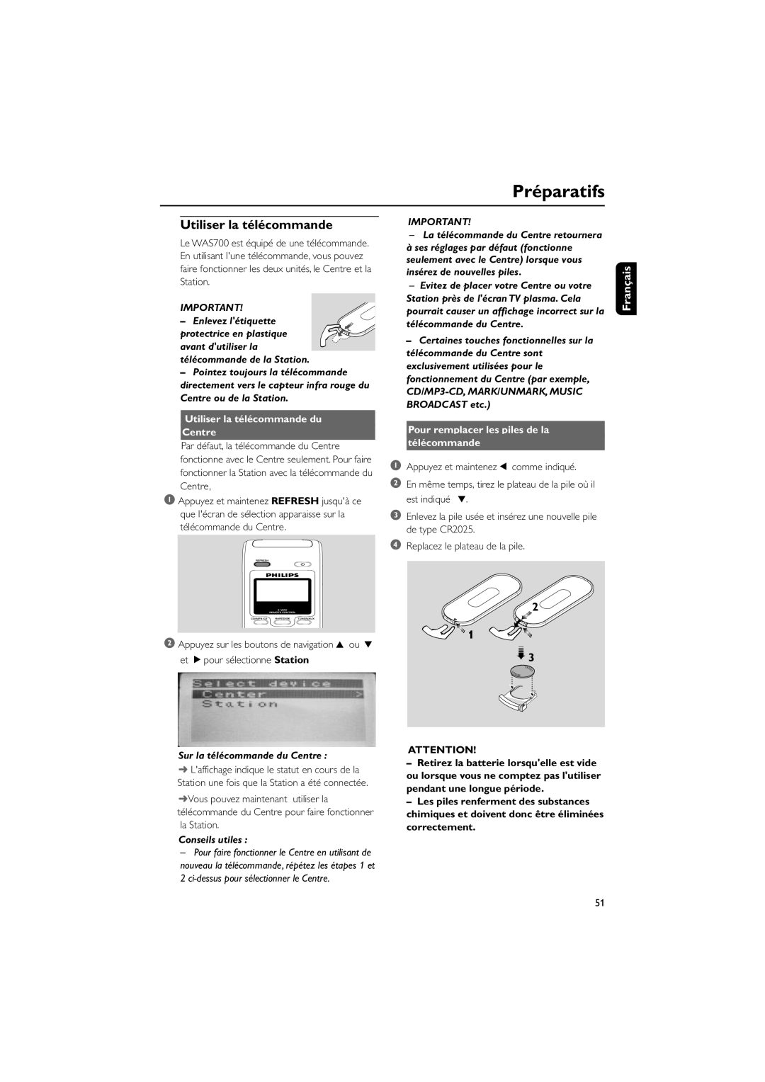 Philips WAS700 owner manual Préparatifs, Utiliser la télécommande du Centre, Sur la télécommande du Centre 