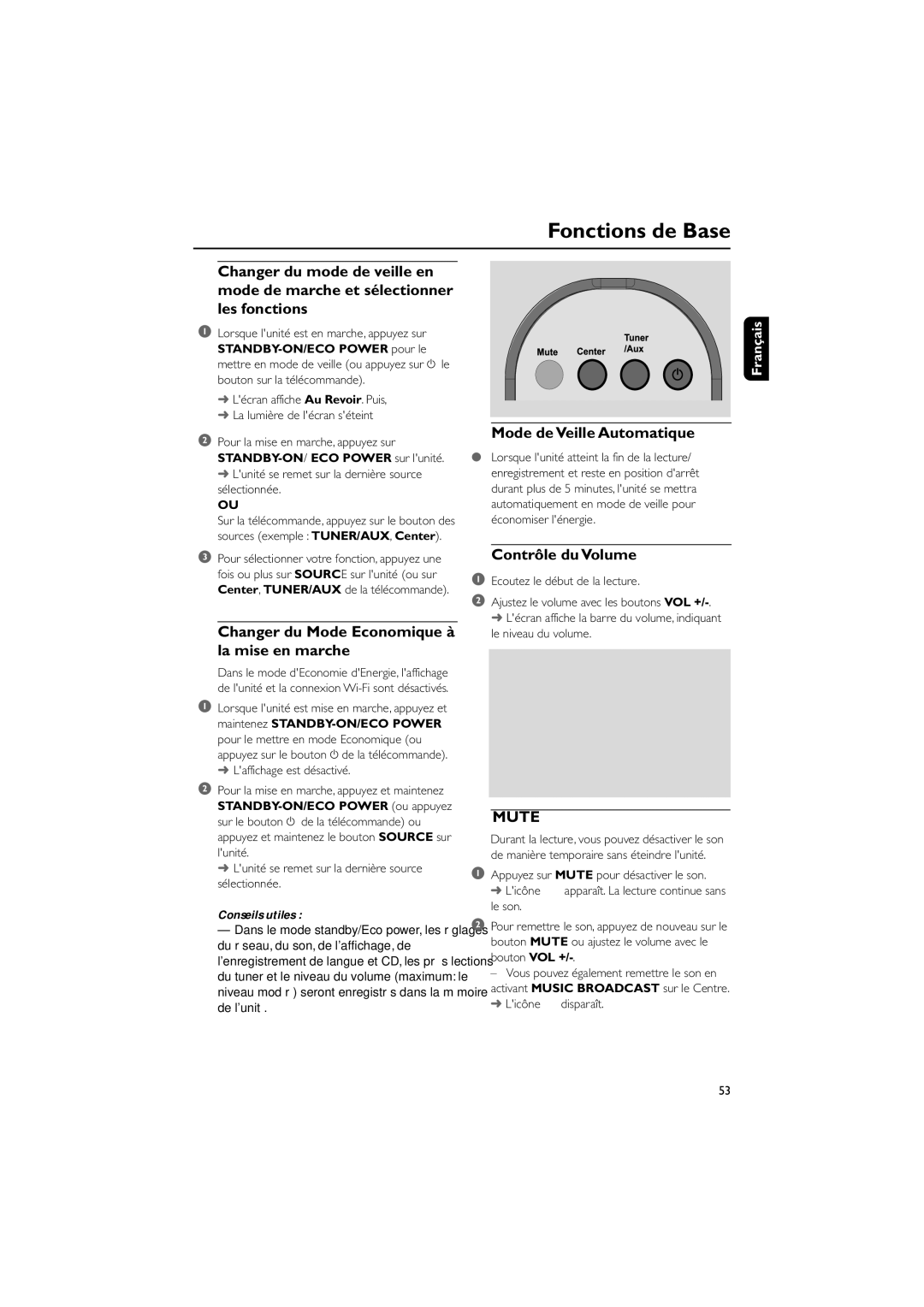 Philips WAS700 owner manual Fonctions de Base, Changer du Mode Economique à la mise en marche, Mode de Veille Automatique 