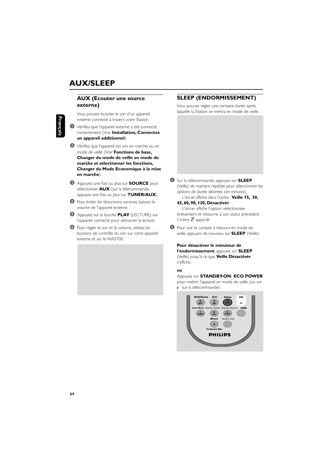 Philips WAS700 owner manual Aux/Sleep, AUX Ecouter une source externe 