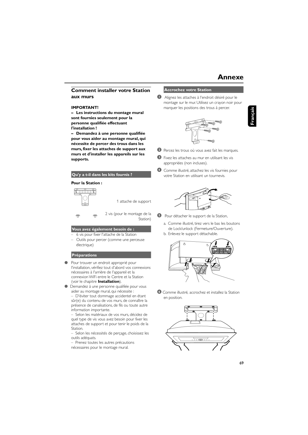 Philips WAS700 owner manual Annexe, Comment installer votre Station aux murs 