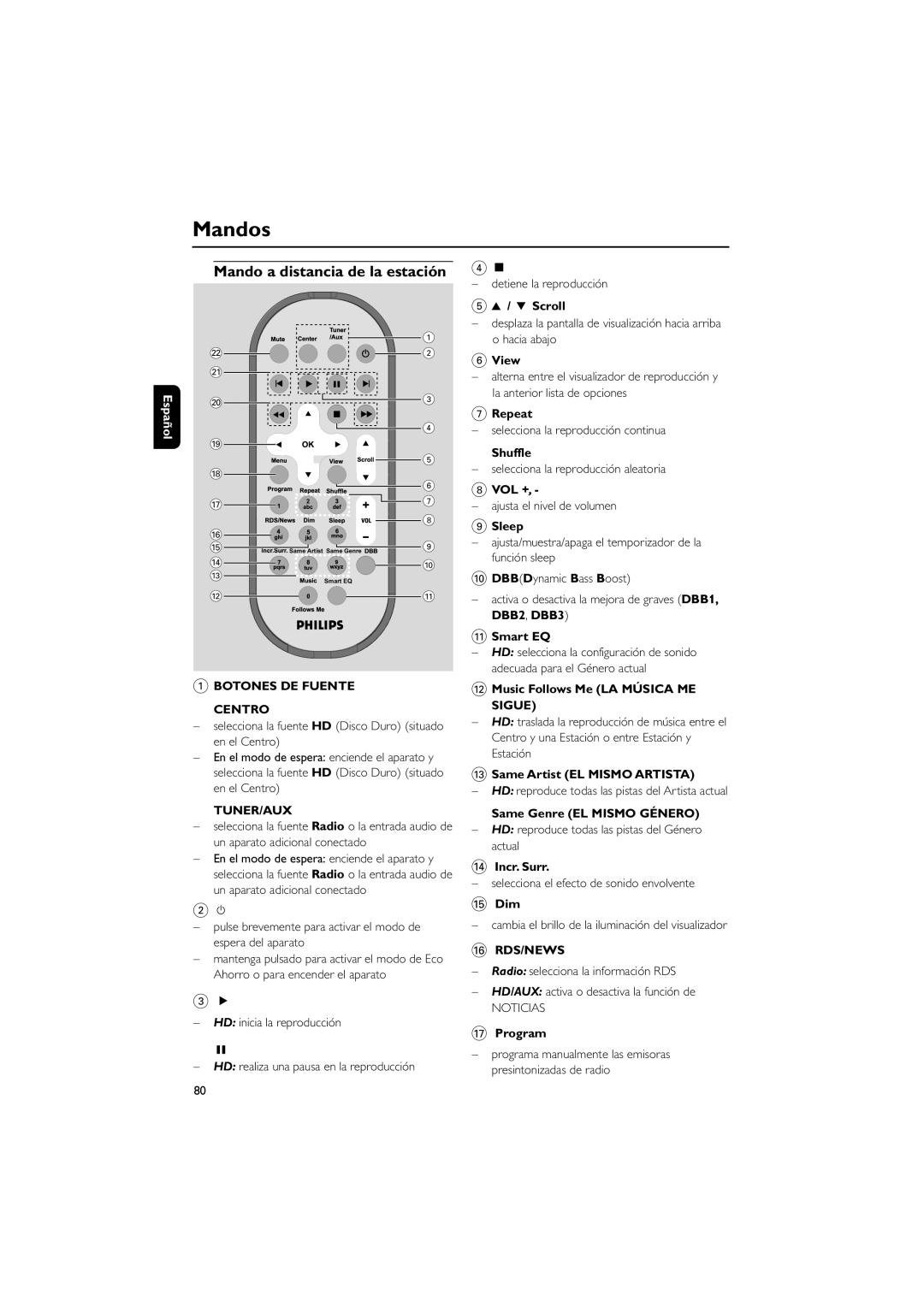 Philips WAS700 owner manual Mandos, Mando a distancia de la estación, Botones DE Fuente Centro, Tuner/Aux, Rds/News 