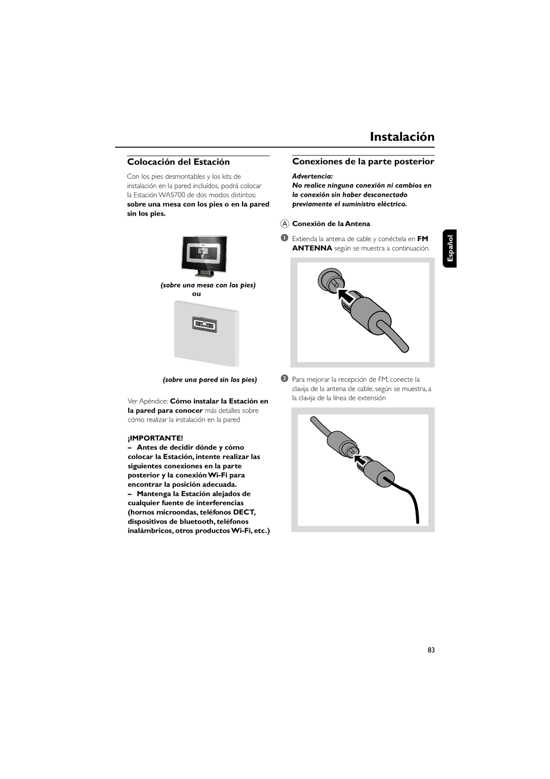 Philips WAS700 owner manual Colocación del Estación, Conexiones de la parte posterior, ¡Importante, Advertencia 