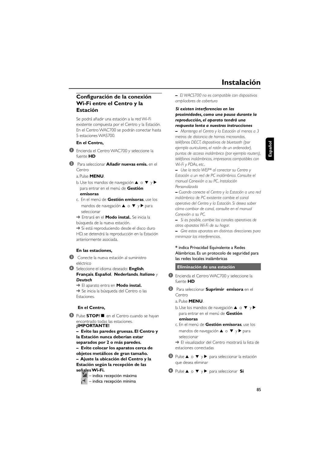 Philips WAS700 owner manual En el Centro, En las estaciones, Deutsch, Señales Wi-Fi, Eliminación de una estación 