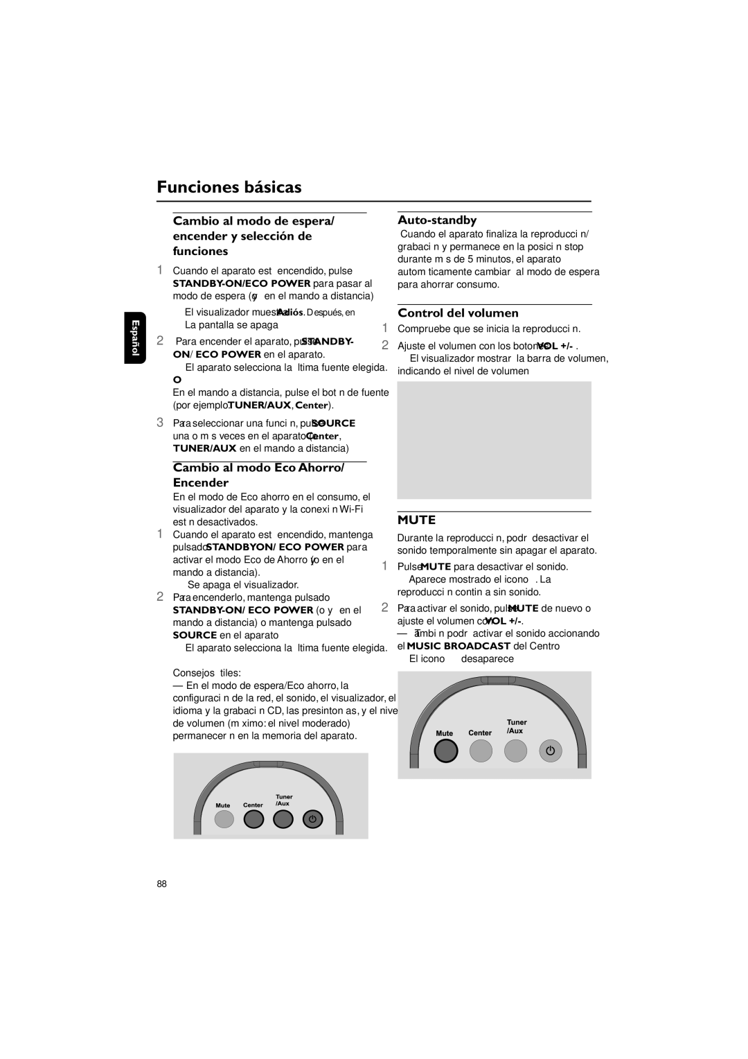 Philips WAS700 owner manual Funciones básicas, Cambio al modo de espera/ encender y selección de funciones, Auto-standby 