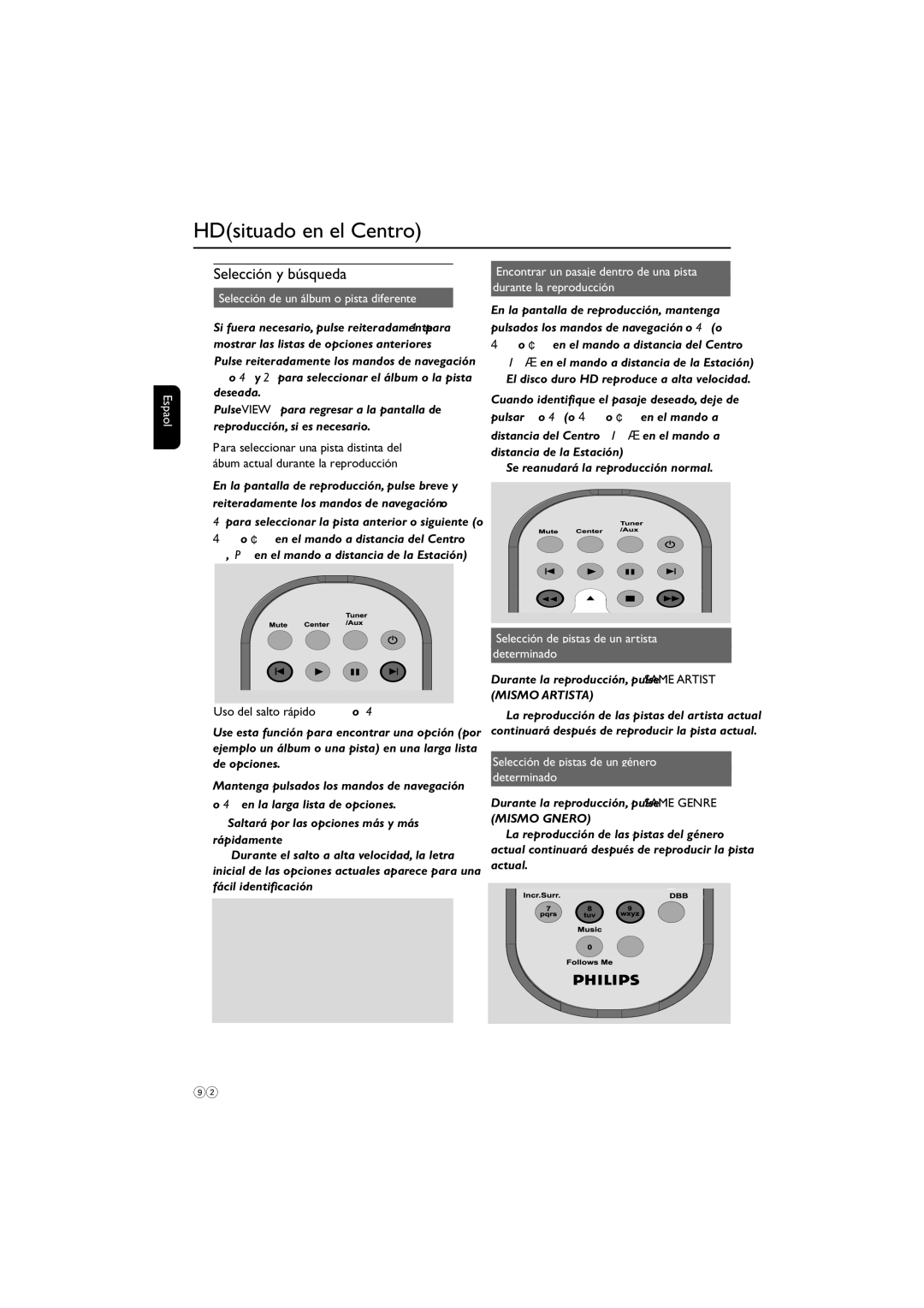 Philips WAS700 owner manual Selección y búsqueda, Uso del salto rápido 3 o, Selección de pistas de un artista Determinado 