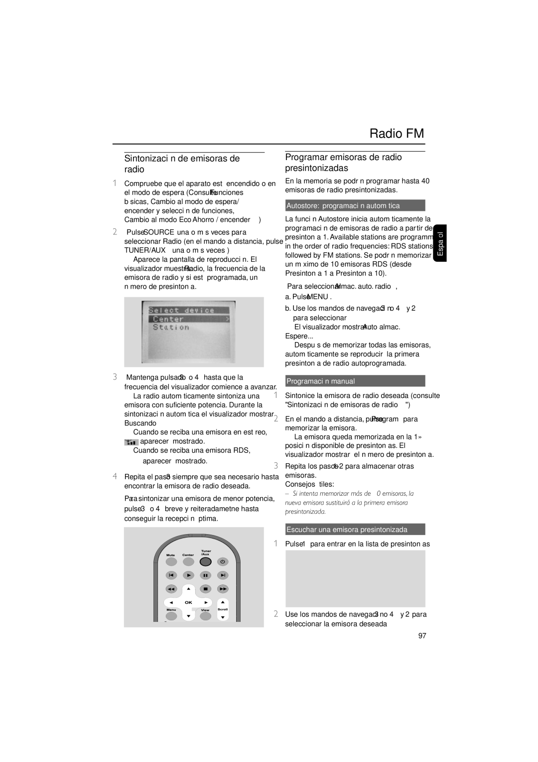 Philips WAS700 owner manual Radio FM, Sintonización de emisoras de radio, Programar emisoras de radio presintonizadas 