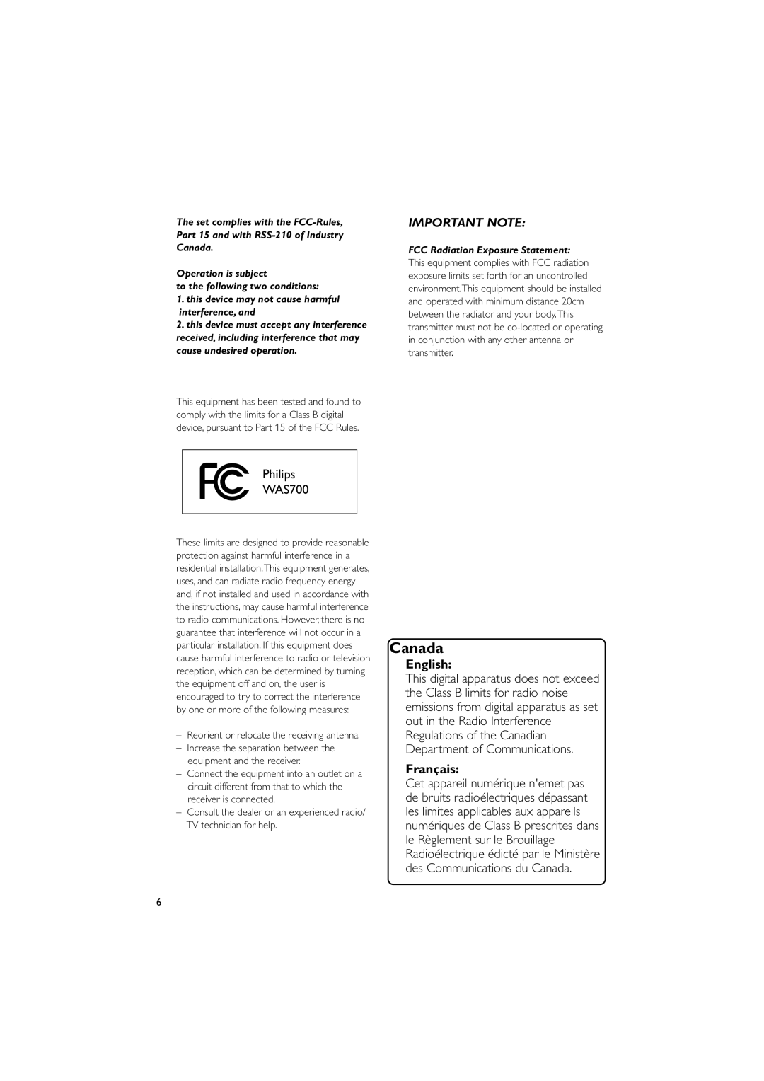 Philips WAS700 owner manual English, Français, FCC Radiation Exposure Statement, Reorient or relocate the receiving antenna 