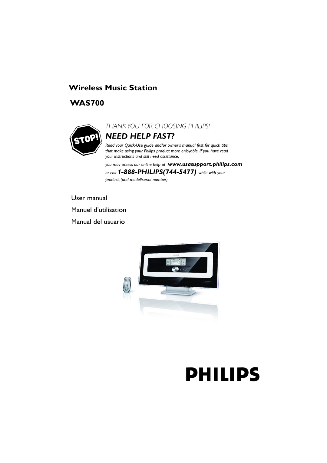 Philips owner manual Wireless Music Station WAS700, Need Help Fast?, Thank You For Choosing Philips, Manual del usuario 