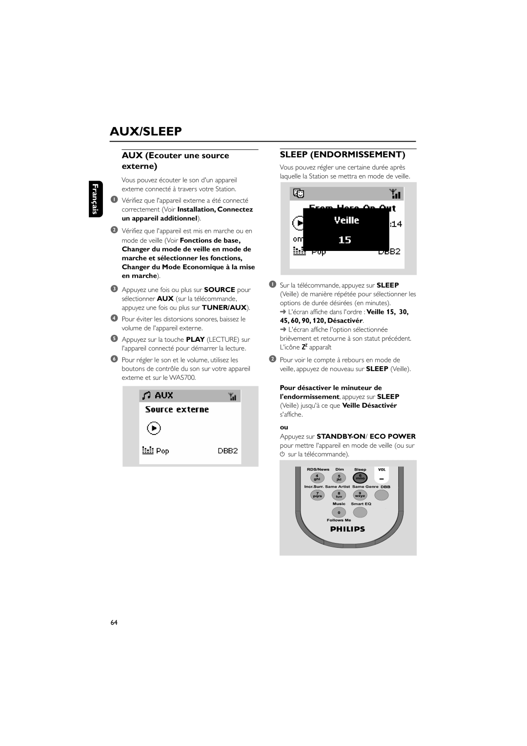 Philips WAS700 owner manual Aux/Sleep, AUX Ecouter une source externe, Sleep Endormissement, Français 