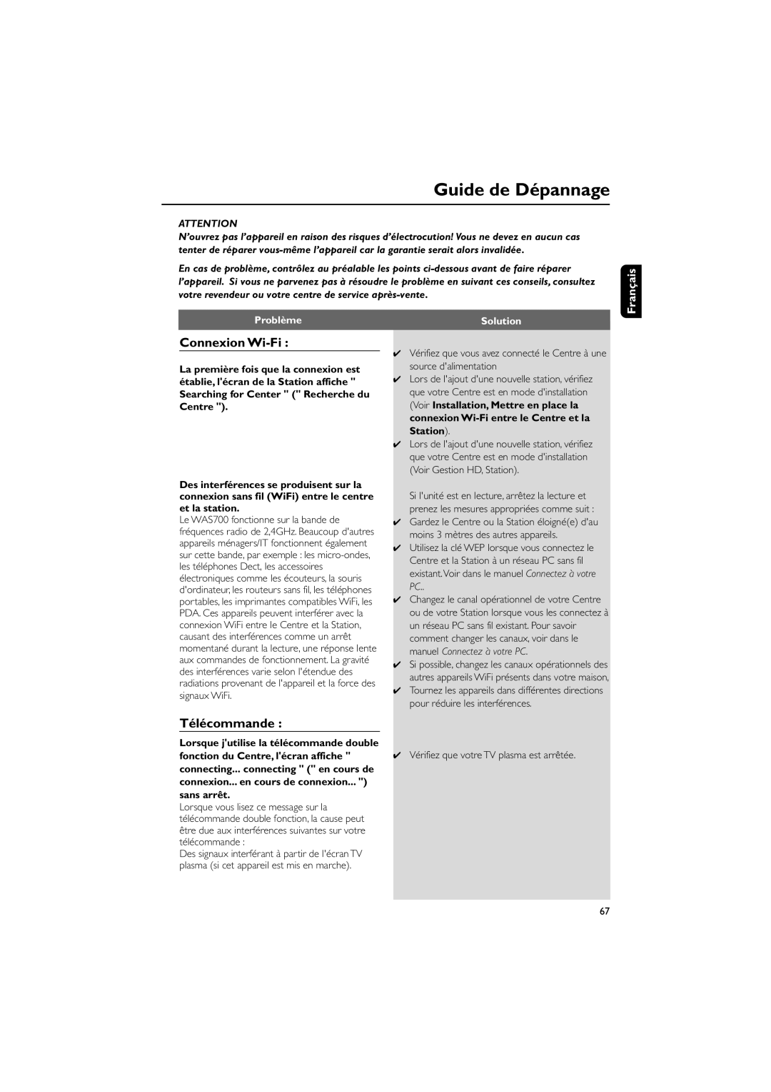 Philips WAS700 owner manual Guide de Dépannage, Connexion Wi-Fi, Télécommande, Français, Problème, Solution 