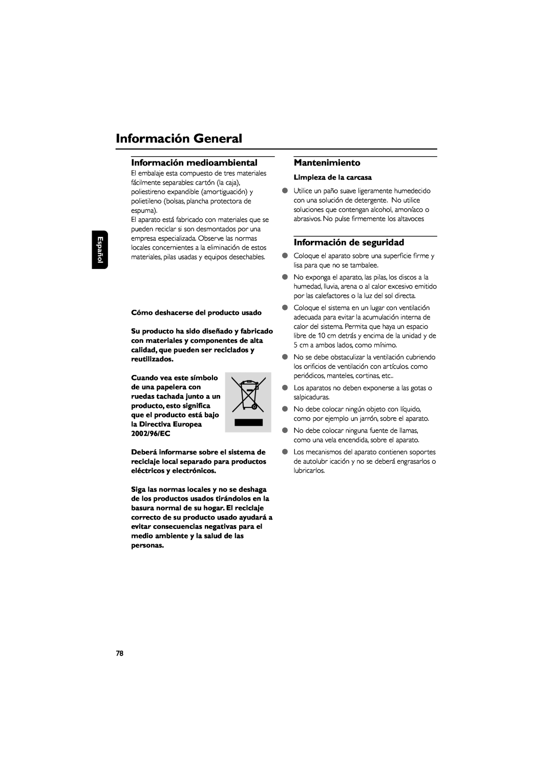 Philips WAS700 Información General, Información medioambiental, Mantenimiento, Información de seguridad, Español 