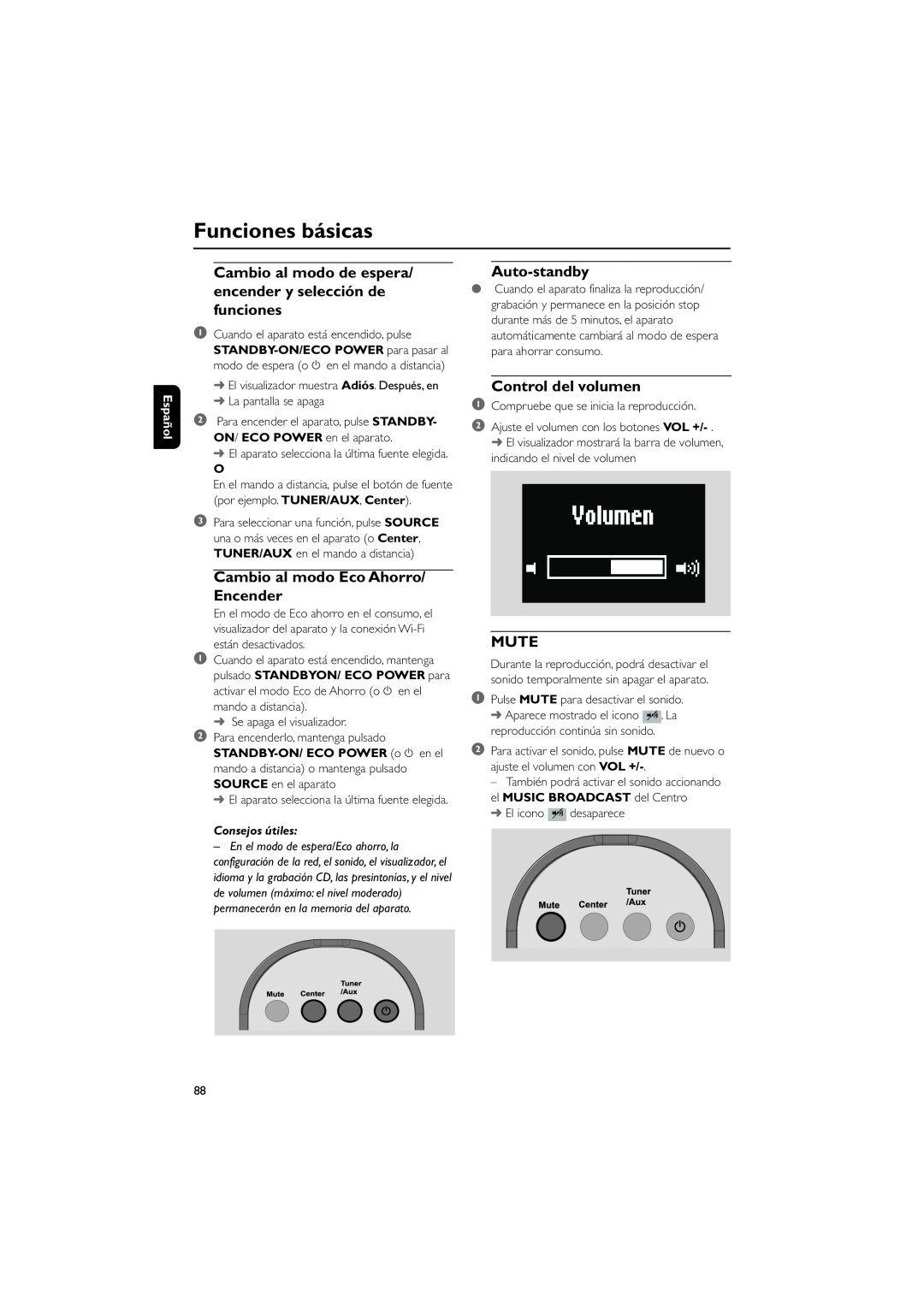 Philips WAS700 Funciones básicas, Cambio al modo Eco Ahorro/ Encender, Auto-standby, Control del volumen, Mute, Español 