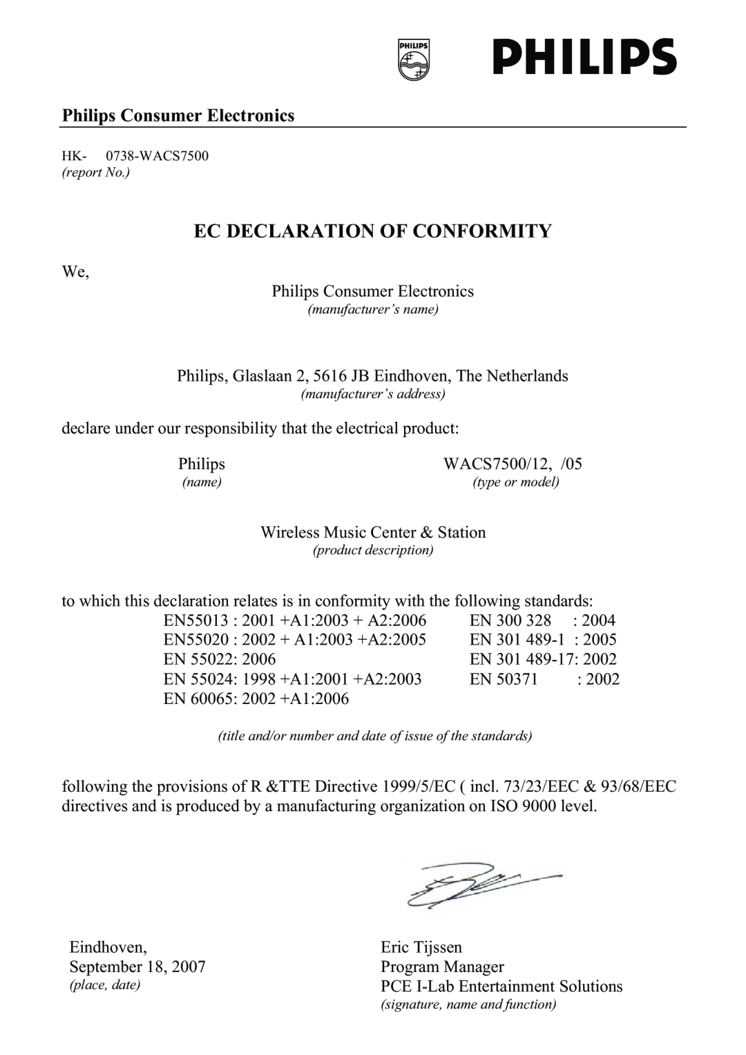 Philips WAS7500 manual Ec Declaration Of Conformity, Philips Consumer Electronics, WACS7500/12, /05 