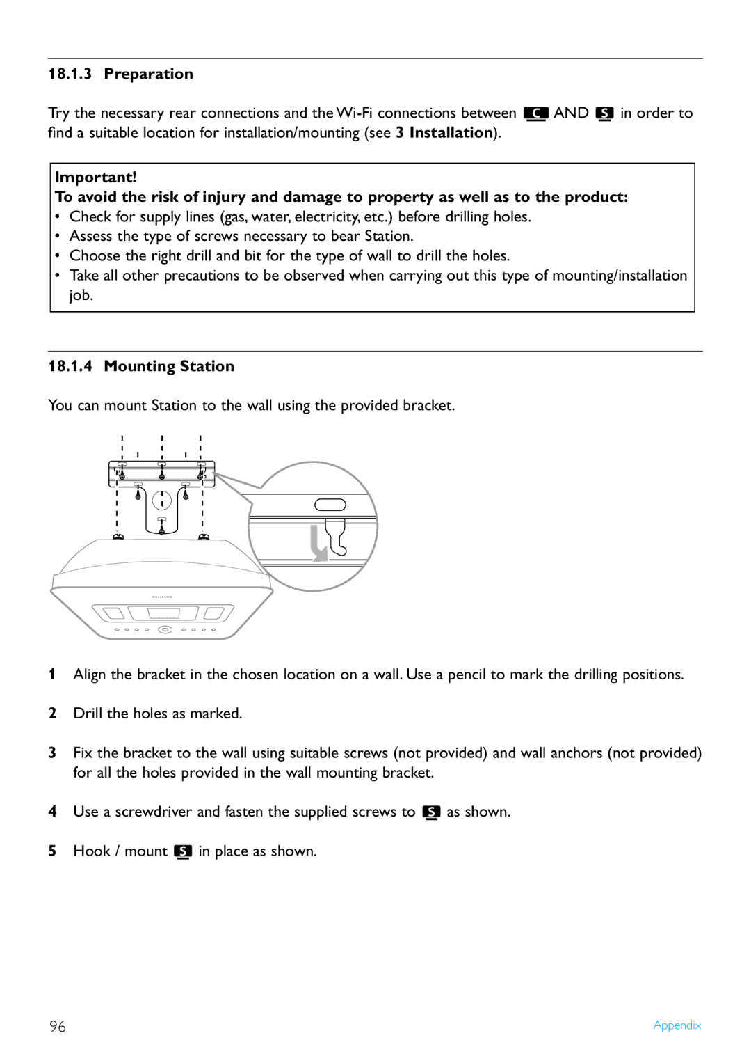 Philips WAS7500/37 user manual Preparation, Mounting Station 