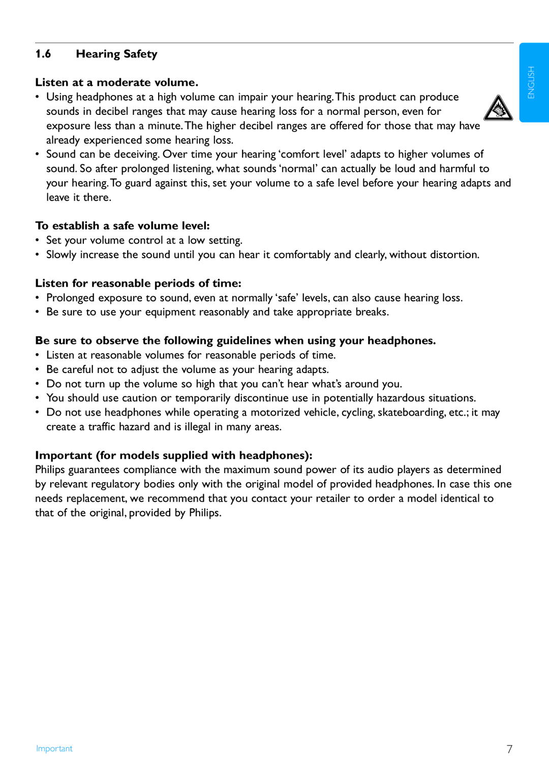 Philips WAS7500/37 user manual Hearing Safety Listen at a moderate volume, To establish a safe volume level 