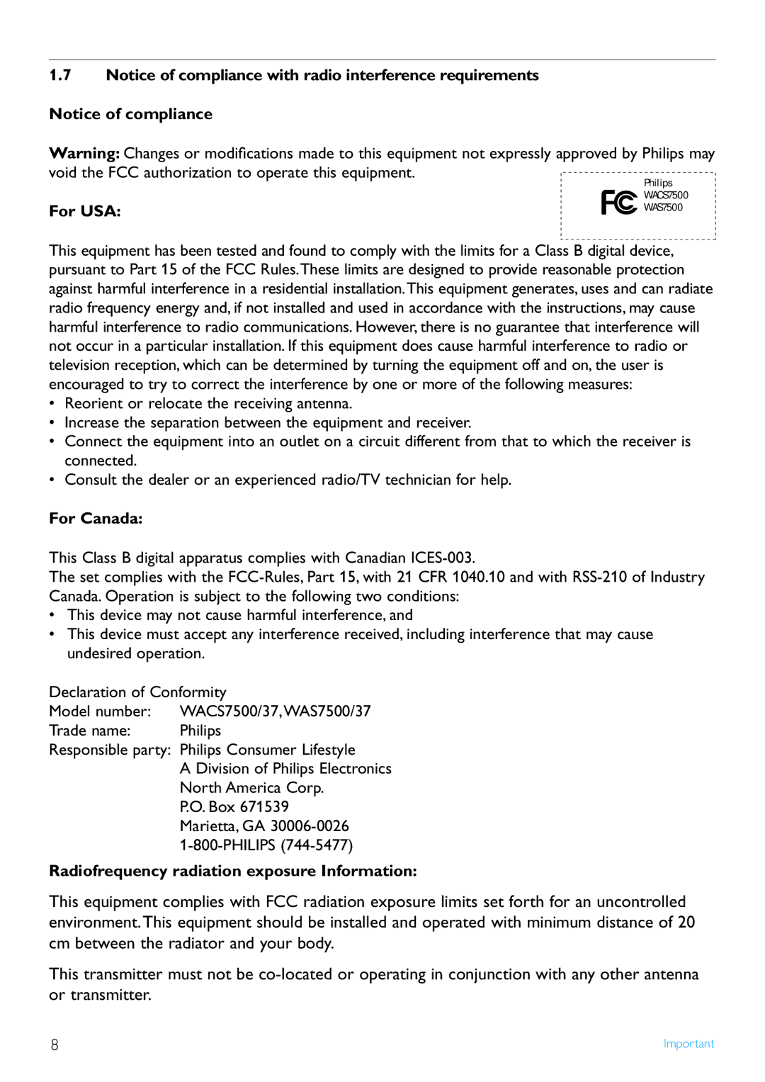 Philips WAS7500/37 user manual For USA, For Canada, Radiofrequency radiation exposure Information 