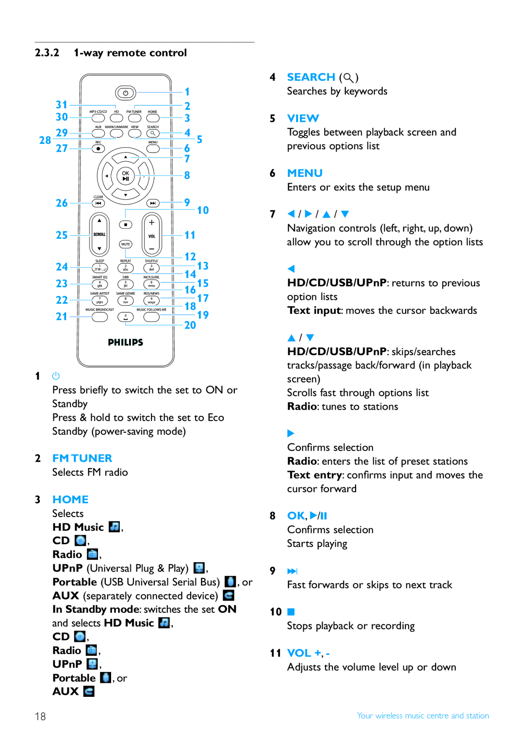 Philips WAS7500/37 user manual 2 1-way remote control, Radio , UPnP , Portable , or 