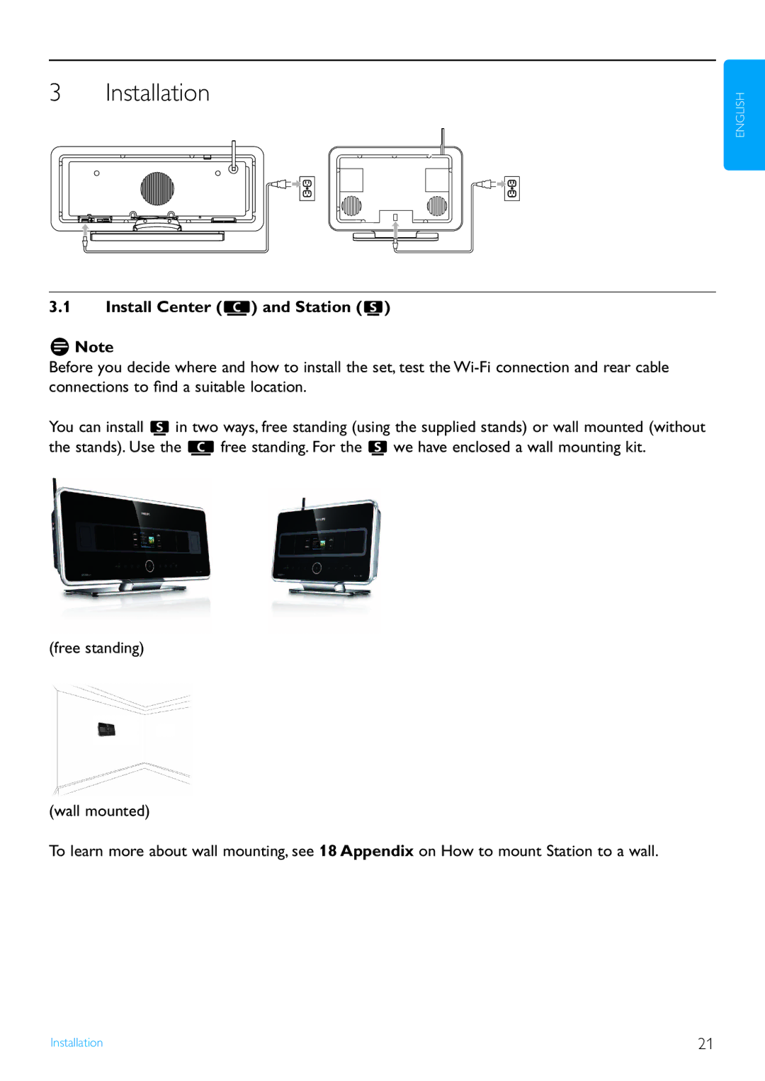 Philips WAS7500/37 user manual Installation, Install Center and Station 