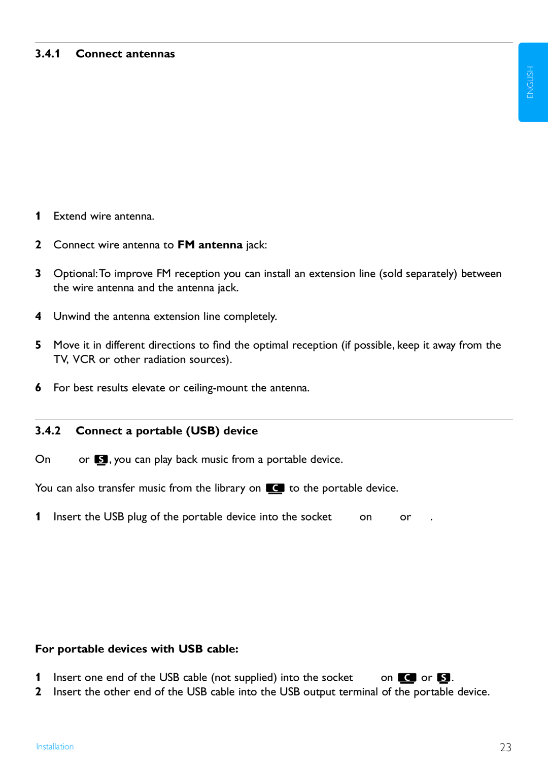 Philips WAS7500/37 user manual Connect antennas, Connect a portable USB device, For portable devices with USB cable 