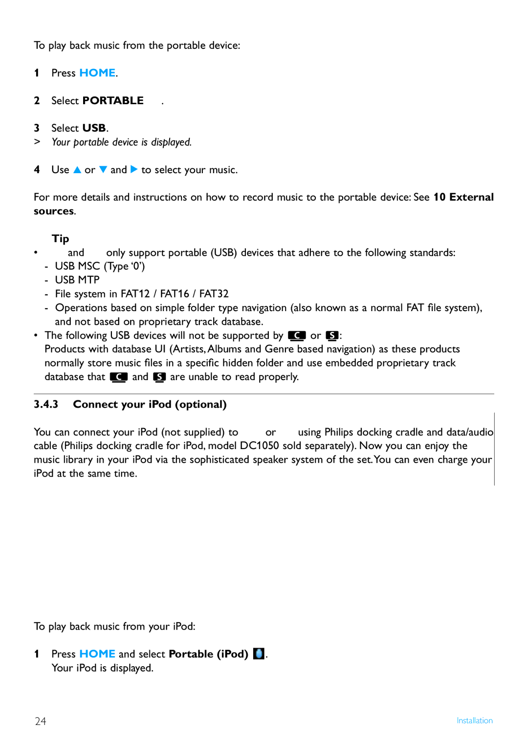 Philips WAS7500/37 user manual Your portable device is displayed, Sources Tip, Connect your iPod optional 