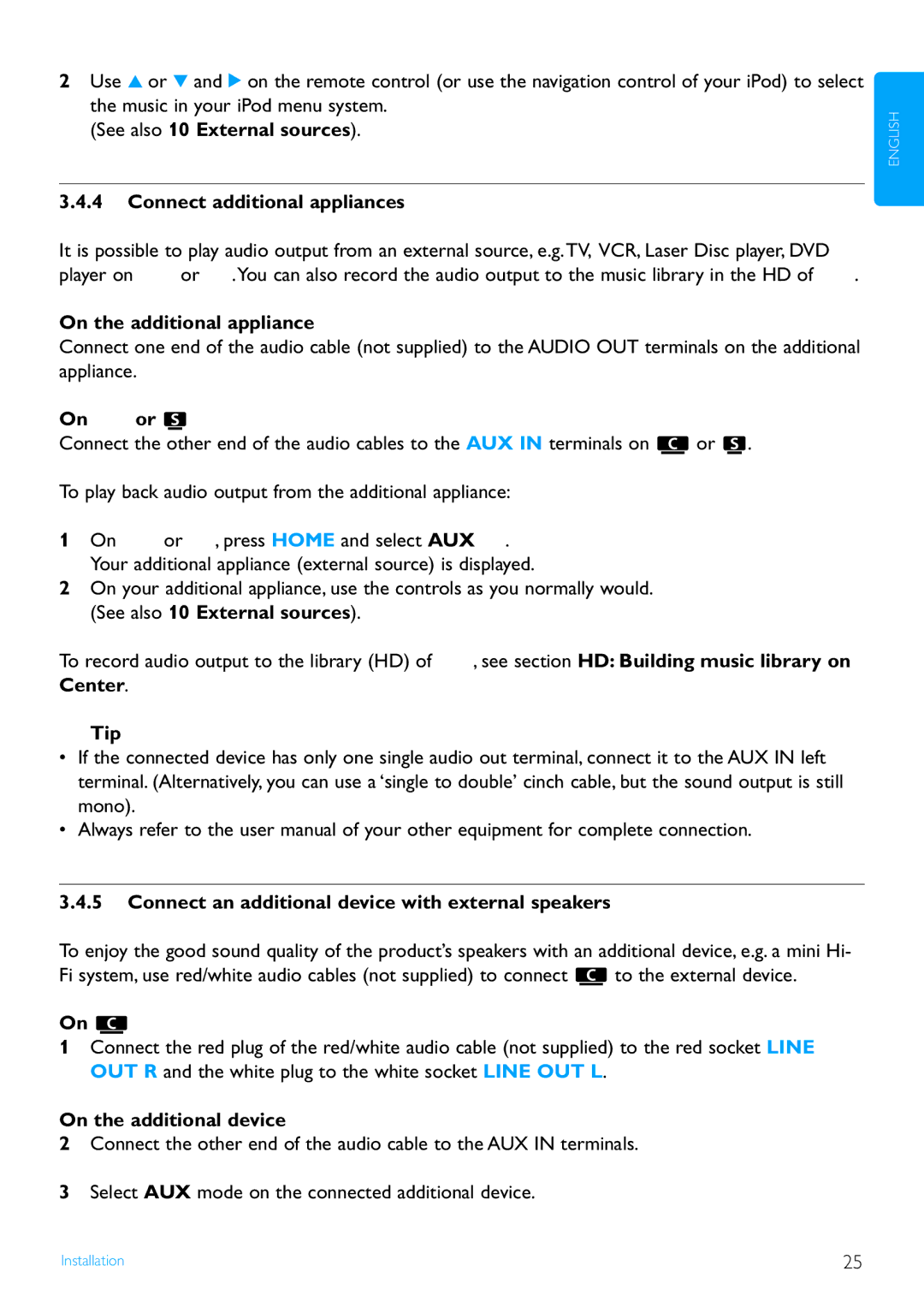 Philips WAS7500/37 See also 10 External sources Connect additional appliances, On the additional appliance, On or 