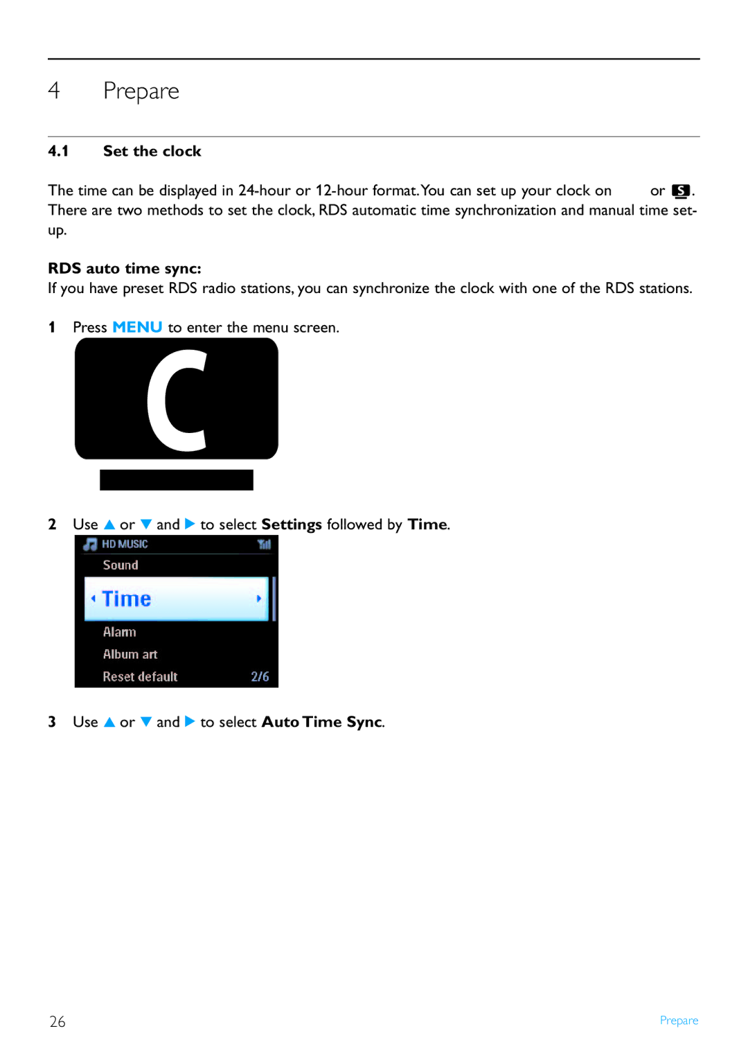 Philips WAS7500/37 user manual Prepare, Set the clock, RDS auto time sync 