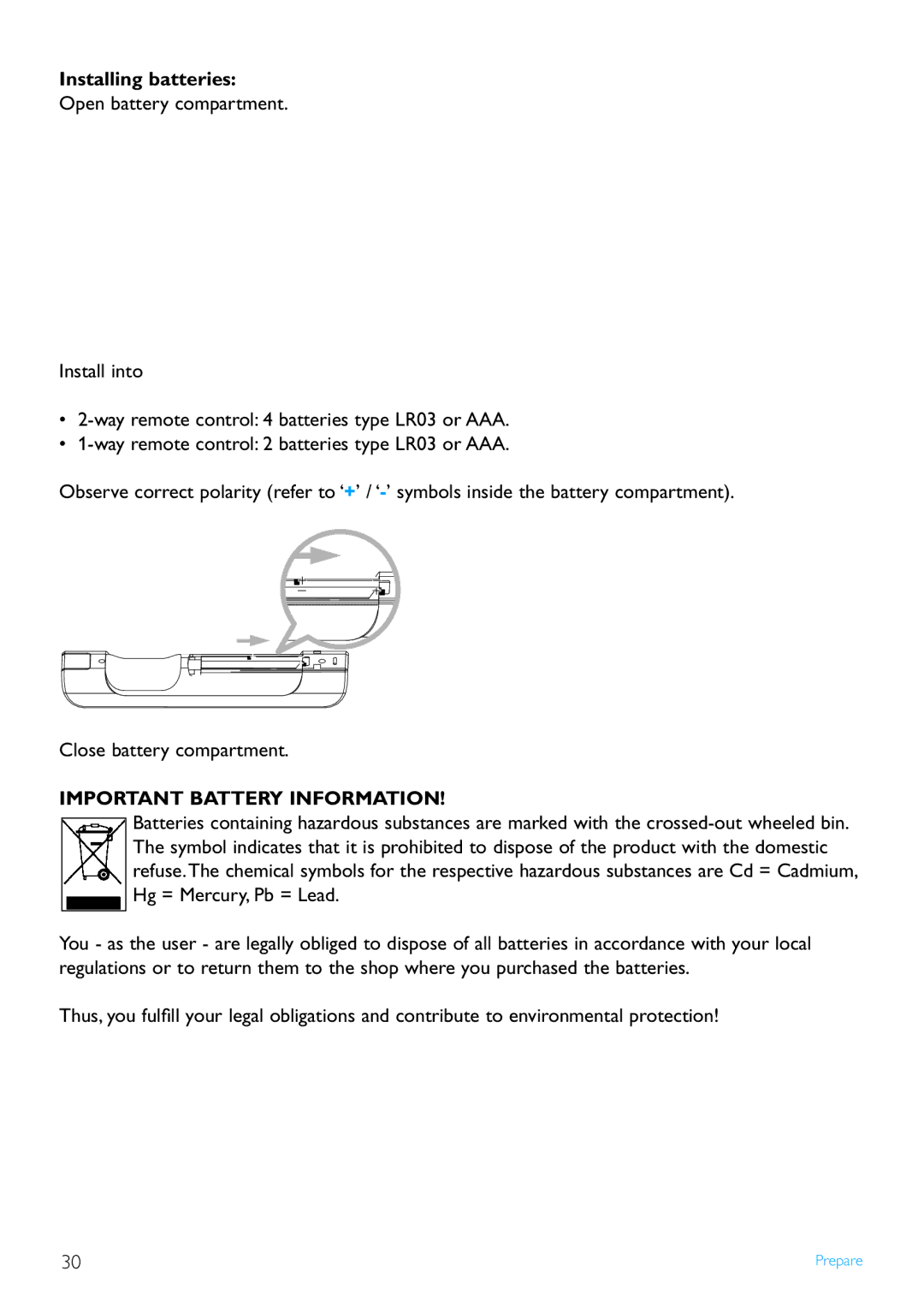 Philips WAS7500/37 user manual Installing batteries, Important Battery Information 