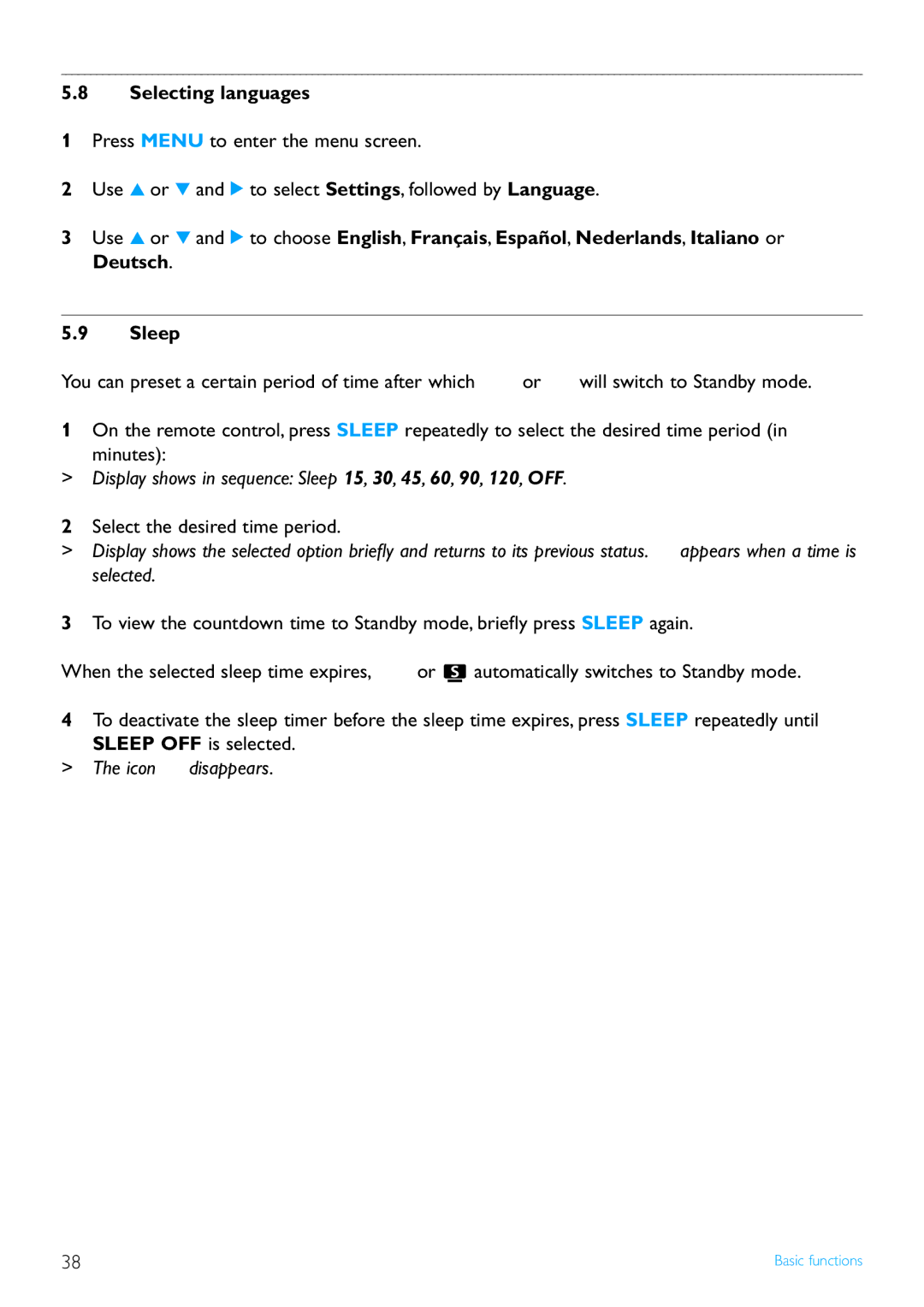 Philips WAS7500/37 user manual Selecting languages, Display shows in sequence Sleep 15, 30, 45, 60, 90, 120, OFF 