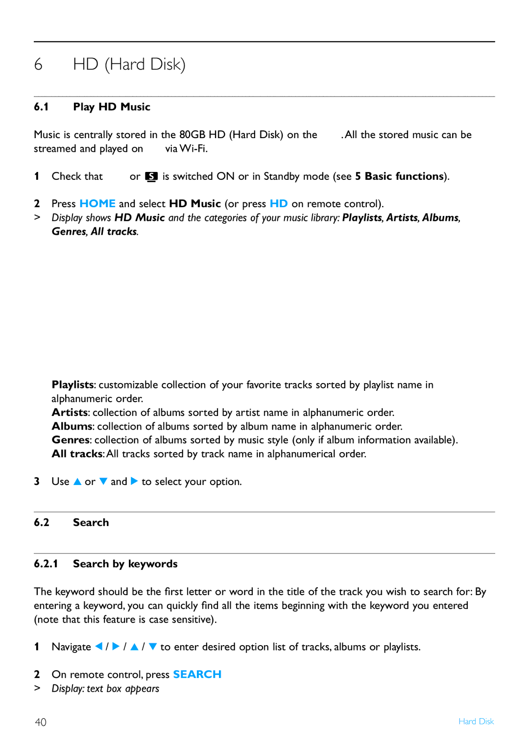 Philips WAS7500/37 user manual HD Hard Disk, Play HD Music, Search Search by keywords, Display text box appears 