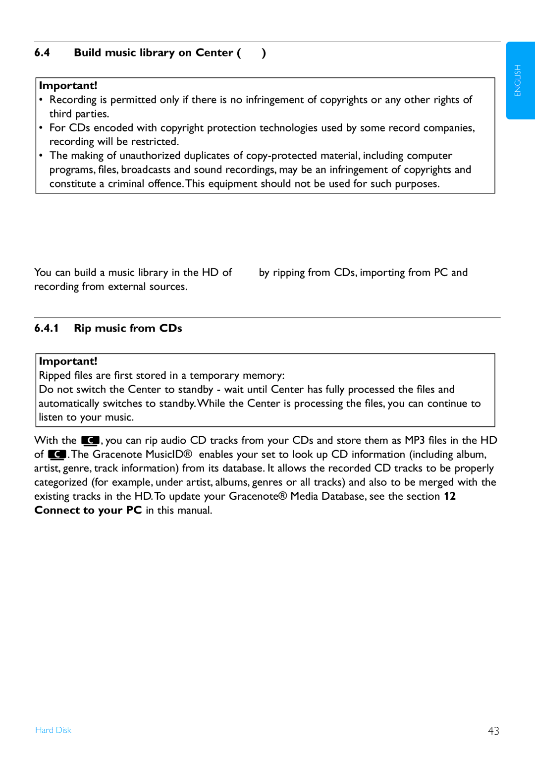 Philips WAS7500/37 user manual Build music library on Center, Rip music from CDs 