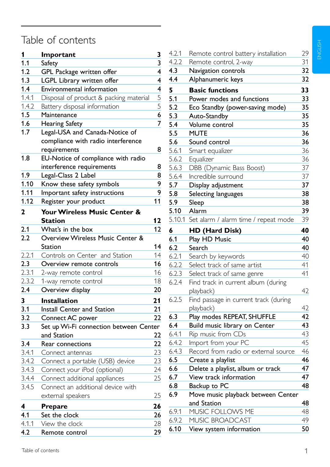 Philips WAS7500/37 user manual Table of contents 