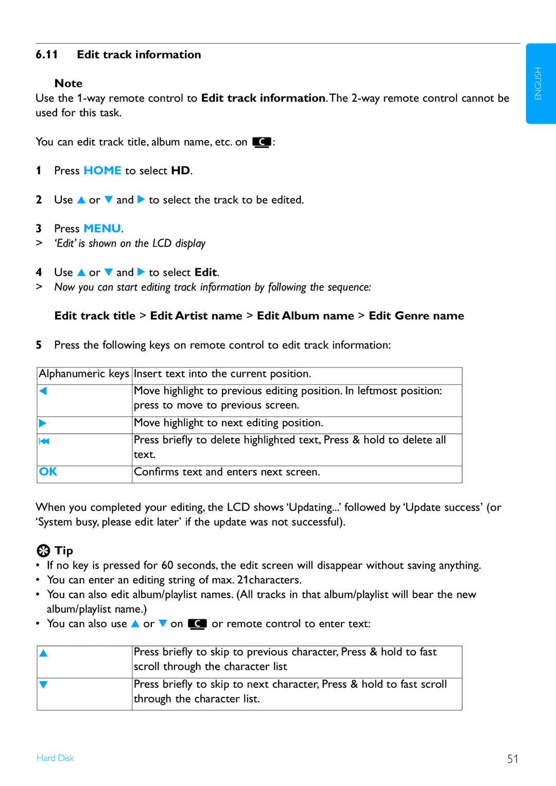 Philips WAS7500/37 user manual Edit track information, ‘Edit’ is shown on the LCD display 