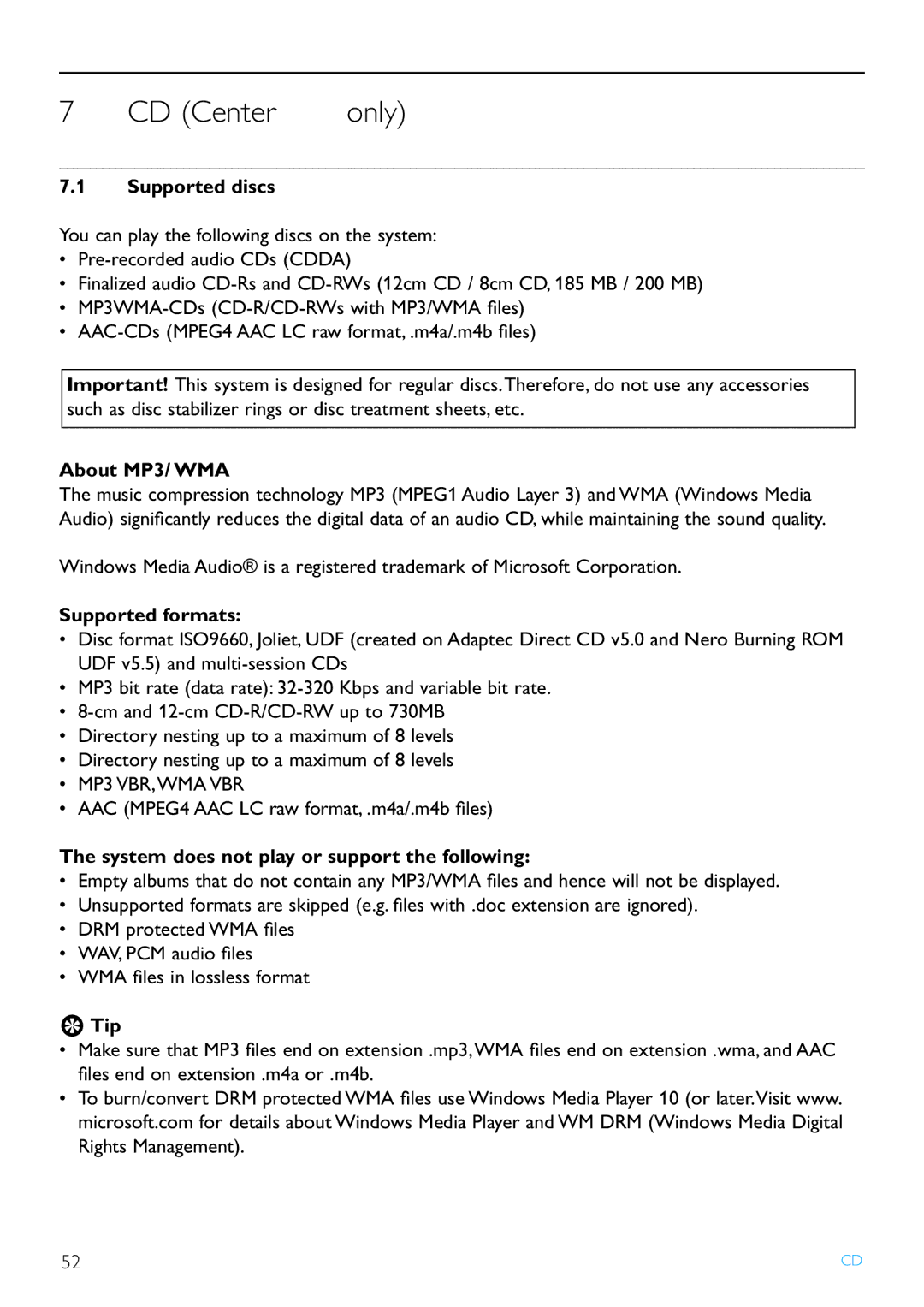 Philips WAS7500/37 user manual CD Center only, Supported discs, About MP3/ WMA, Supported formats 