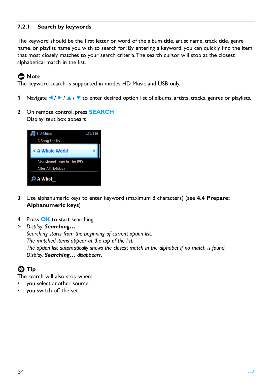 Philips WAS7500/37 user manual On remote control, press Search Display text box appears 