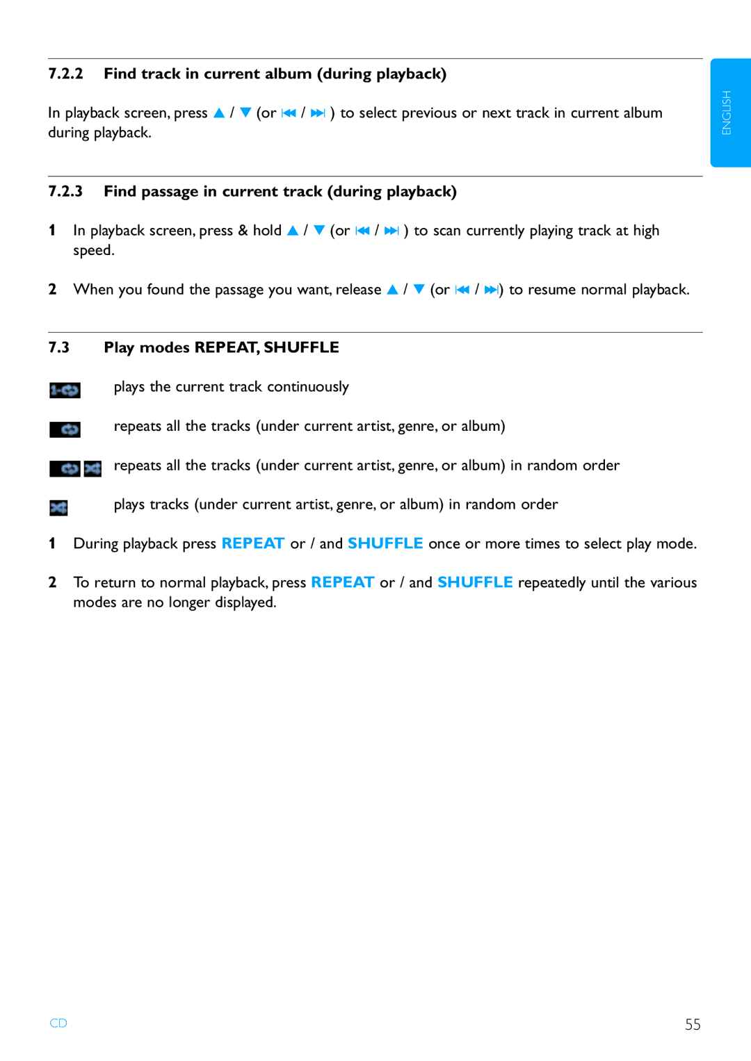 Philips WAS7500/37 user manual Find track in current album during playback 