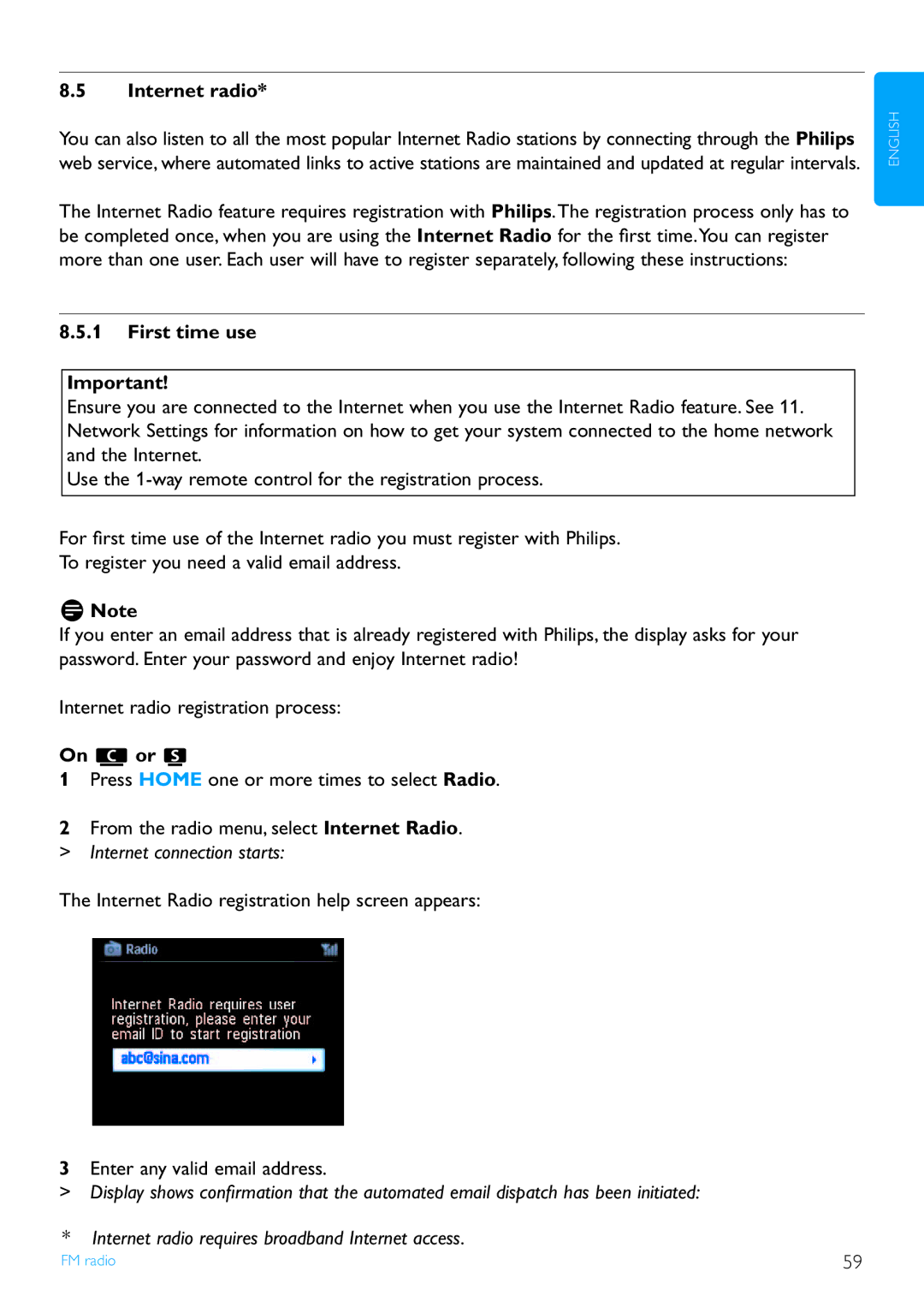 Philips WAS7500/37 user manual Internet radio, First time use, Internet connection starts 