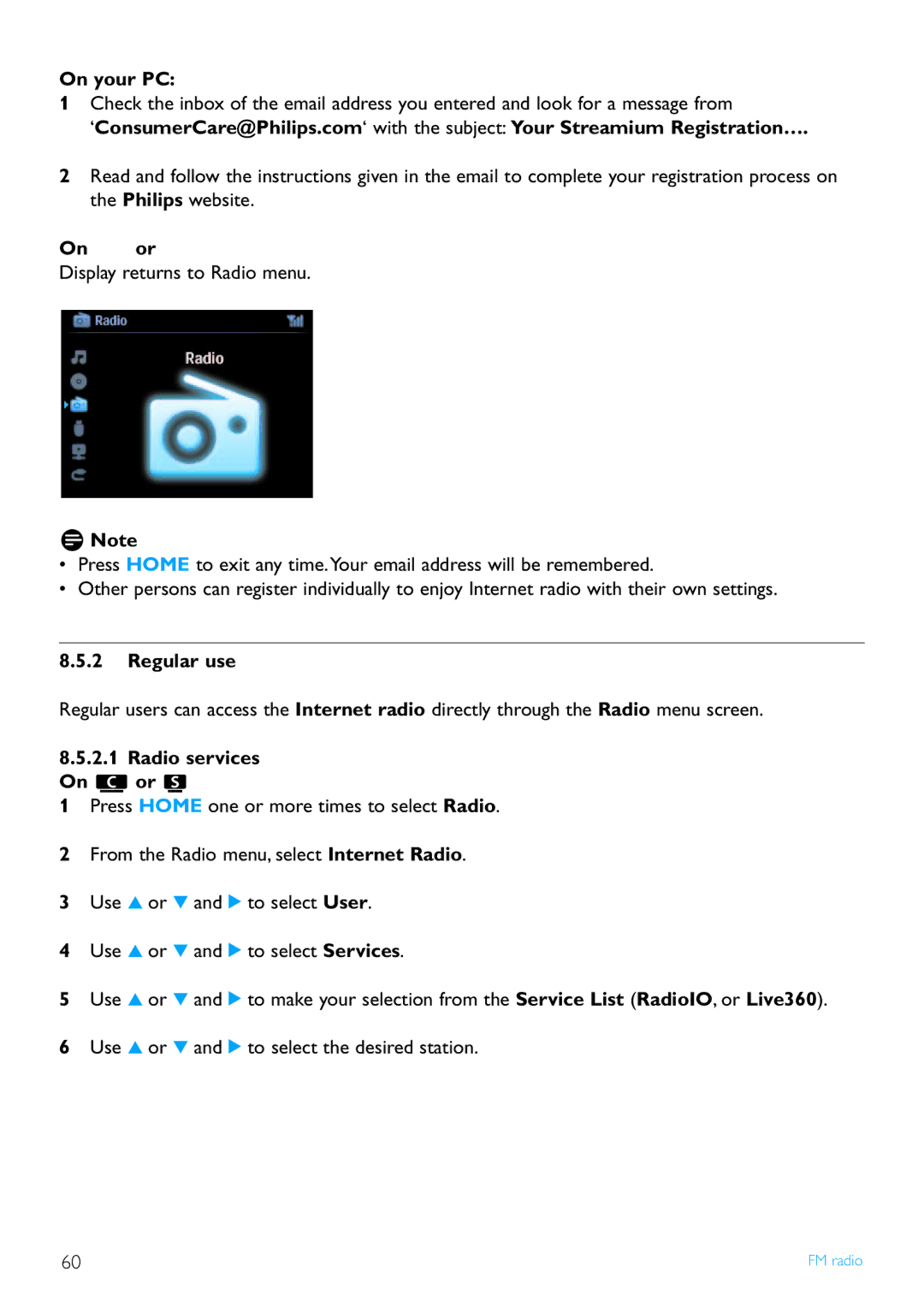 Philips WAS7500/37 user manual On your PC, Regular use, Radio services On or 