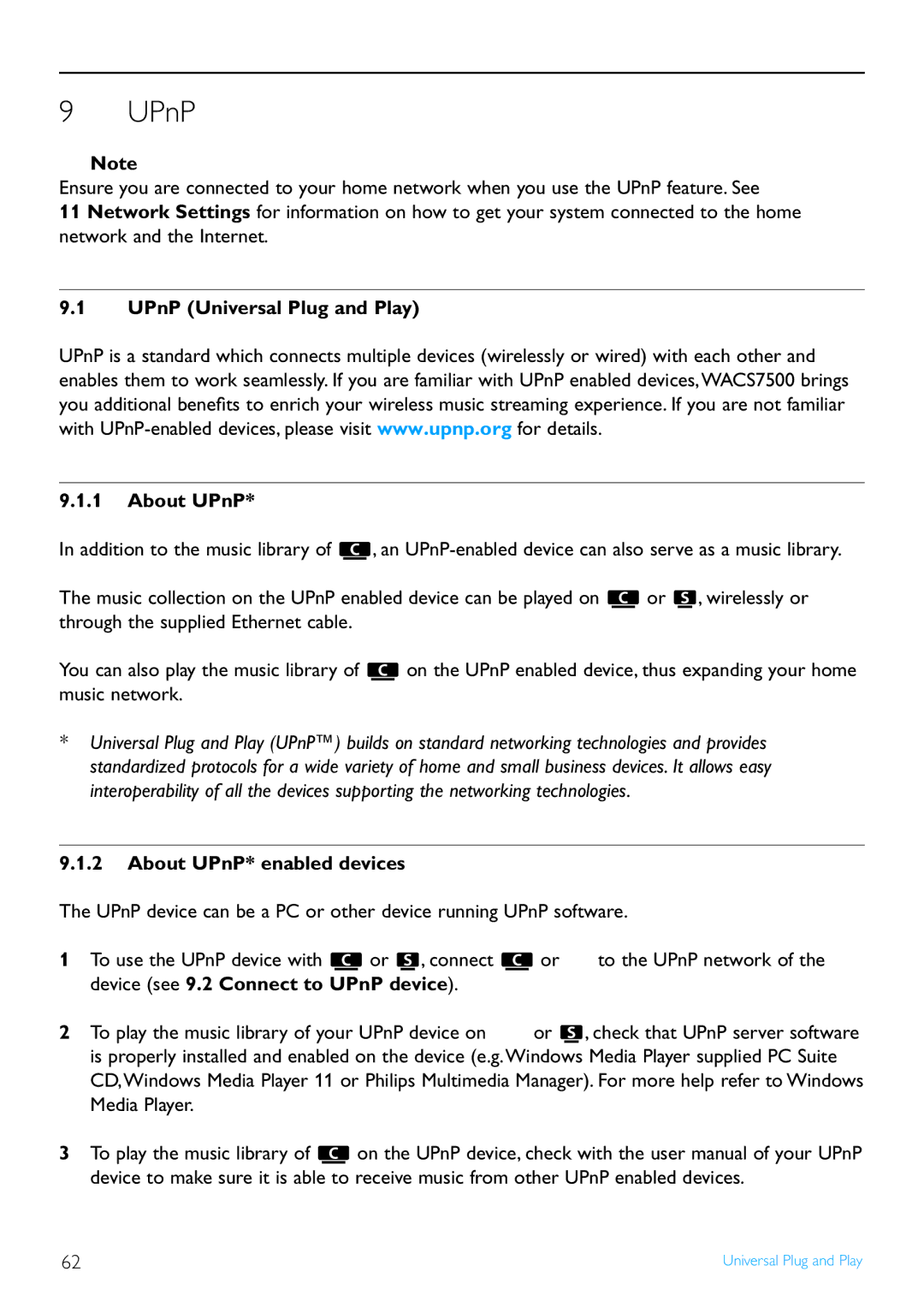 Philips WAS7500/37 user manual UPnP Universal Plug and Play About UPnP, About UPnP* enabled devices 