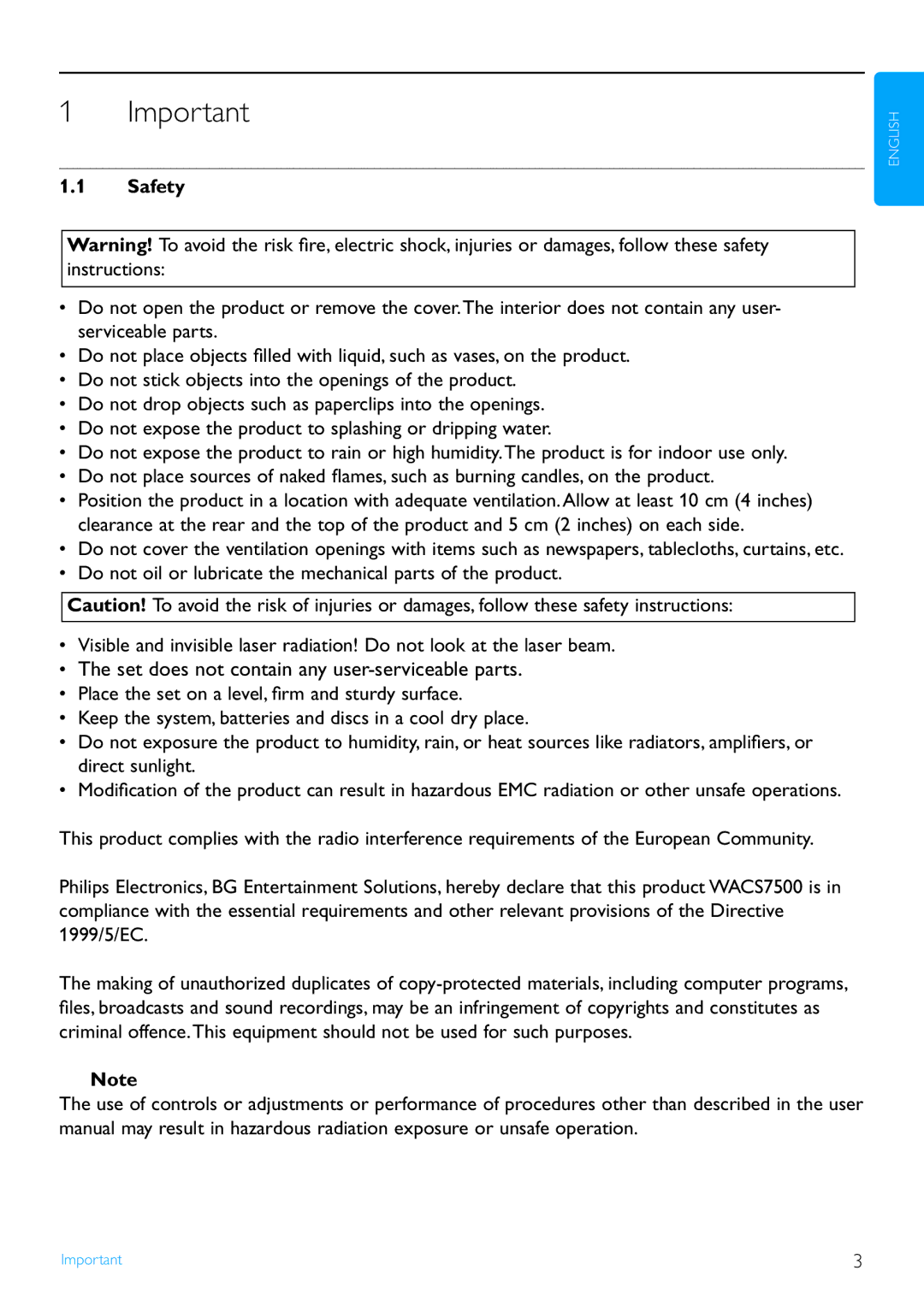 Philips WAS7500/37 user manual Set does not contain any user-serviceable parts, Safety 