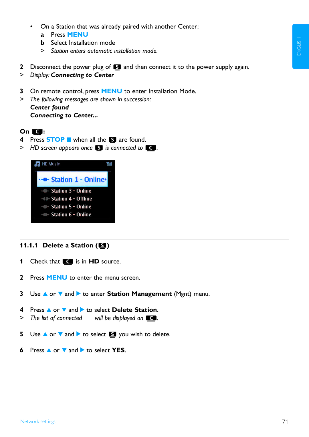 Philips WAS7500/37 Following messages are shown in succession, HD screen appears once is connected to, Delete a Station 