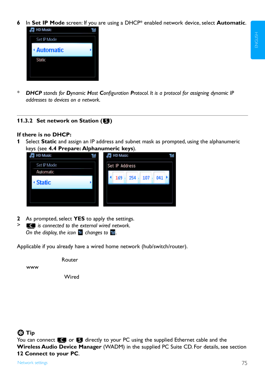 Philips WAS7500/37 user manual Set network on Station If there is no Dhcp, Connect to your PC 