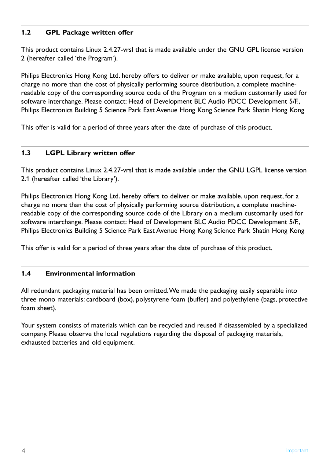 Philips WAS7500/37 user manual GPL Package written offer, Lgpl Library written offer, Environmental information 