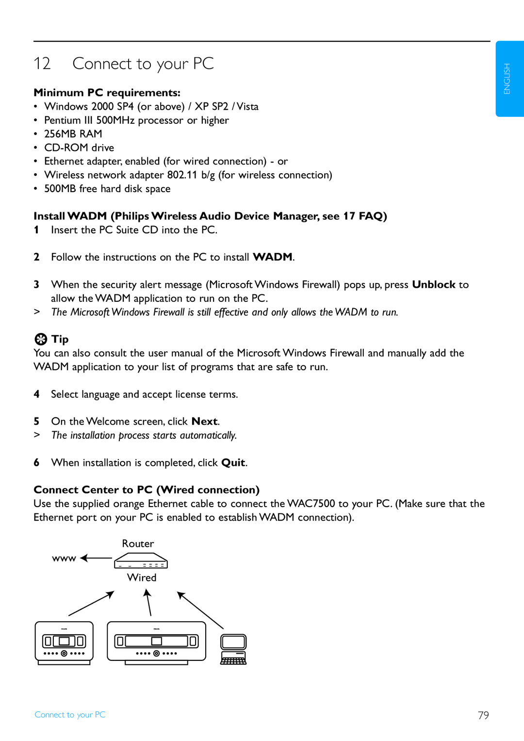 Philips WAS7500/37 user manual Connect to your PC, Minimum PC requirements, Installation process starts automatically 