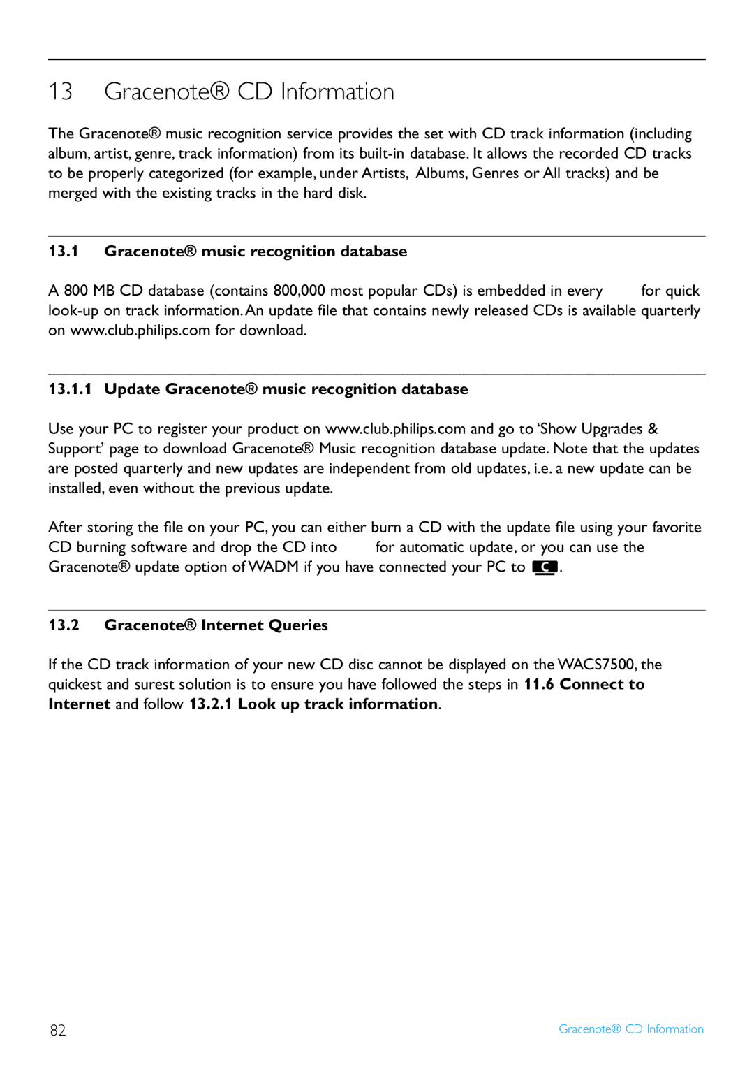 Philips WAS7500/37 user manual Gracenote CD Information, Gracenote Internet Queries 