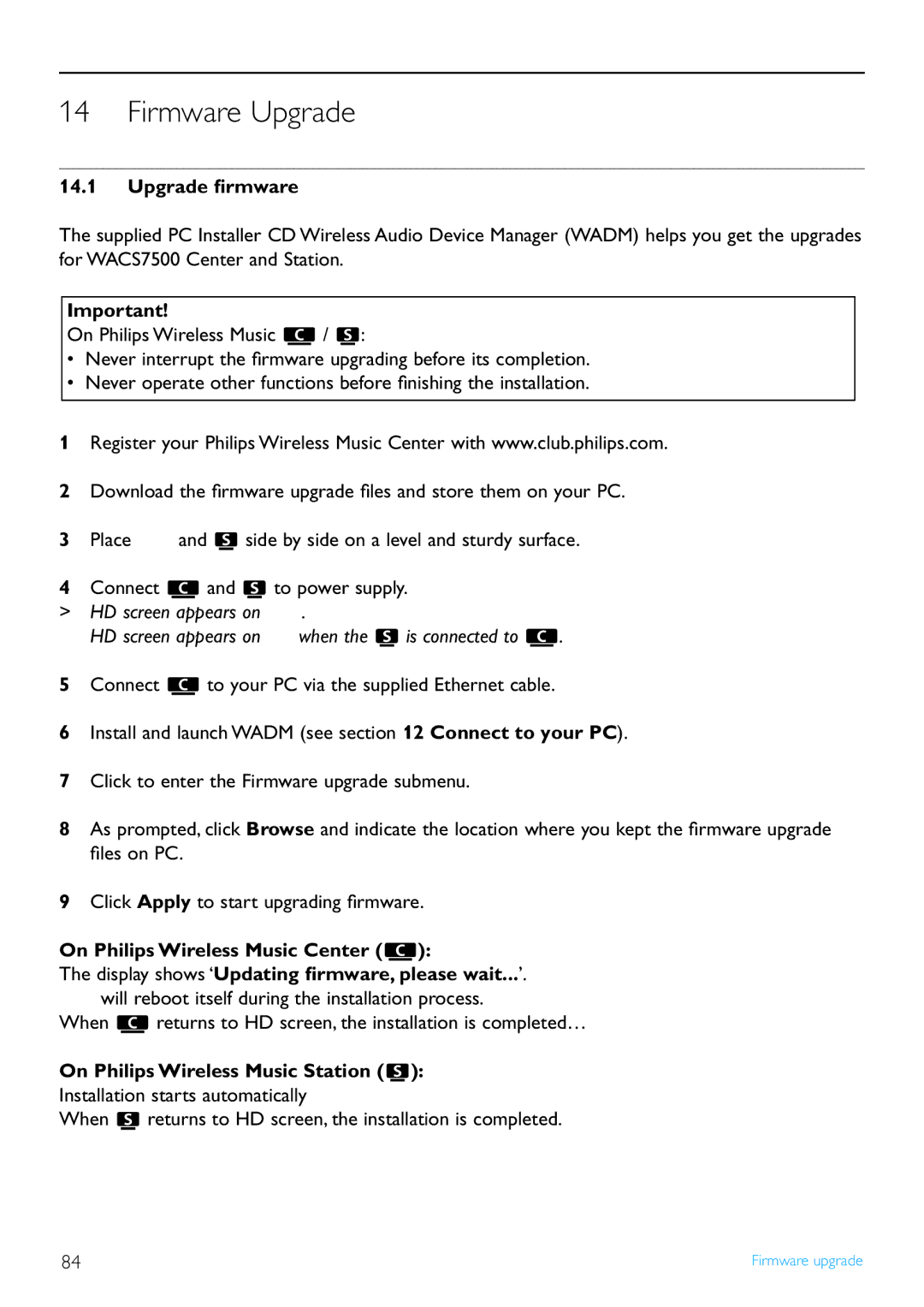 Philips WAS7500/37 user manual Firmware Upgrade, Upgrade ﬁrmware, On Philips Wireless Music Station 