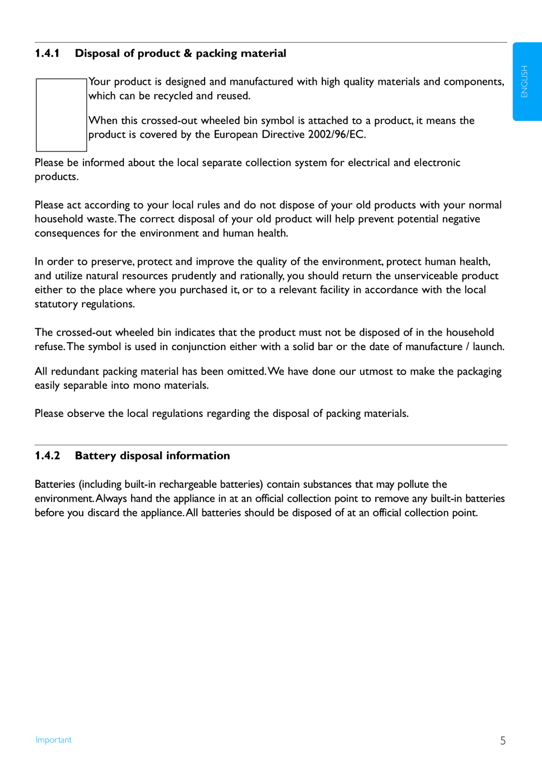 Philips WAS7500/37 user manual Disposal of product & packing material, Battery disposal information 