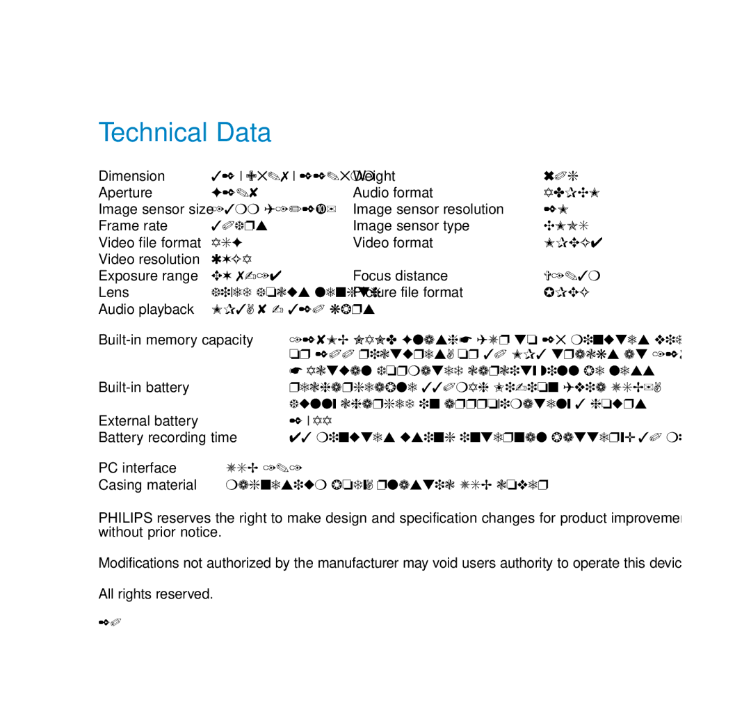 Philips wearable digital camcorder user manual Technical Data, Jpeg 