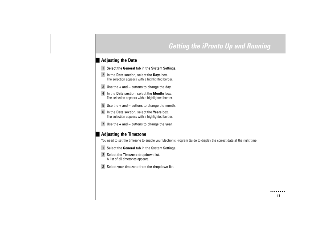 Philips Wireless Equipment Box manual Adjusting the Date, Adjusting the Timezone 