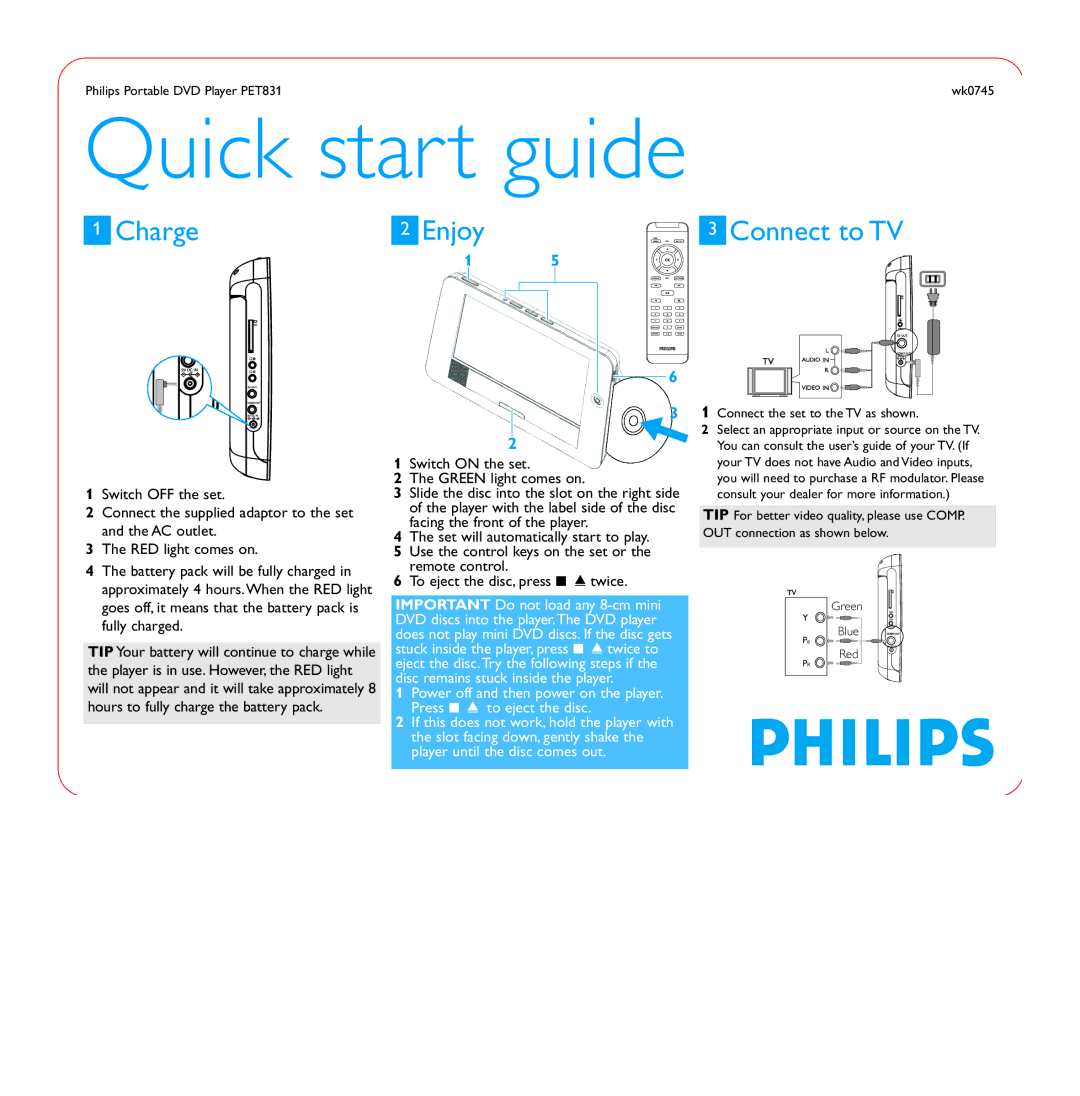 Philips PET831/12, wk0745 quick start Charge, Enjoy, Connect to TV, Philips Portable DVD Player PET831 